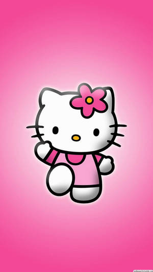 Hello Kitty 卡通角色身穿粉紅色連衣裙，頭戴花朵頭帶，背景為粉紅色 — Hello kitty 美學 GIF 壁紙