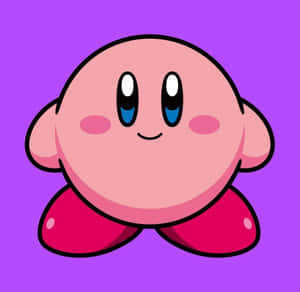 粉紅色卡通角色 Kirby 藍色眼睛在紫色背景上微笑