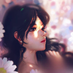 深色頭髮和閃閃發光的眼睛的動漫女孩，被柔和的粉紅色和白色花朵包圍。