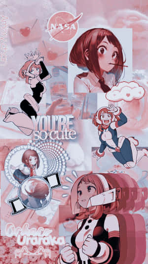 粉紅色調的 Ochaco Uraraka 動漫拼貼畫，帶有 NASA 標誌和 'you're so cute' 文字。 — 粉紅動漫美學 壁紙