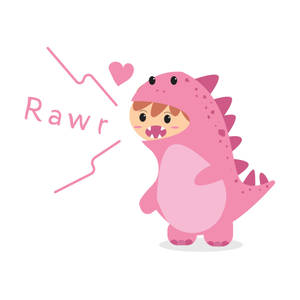 穿著粉紅色恐龍服裝的孩子，帶有 'Rawr' 和心形圖案。