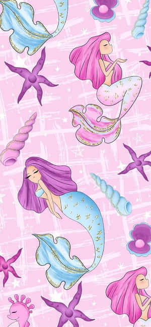 美人魚、海星和貝殼漂浮在帶有白色筆觸的粉紅色背景上。