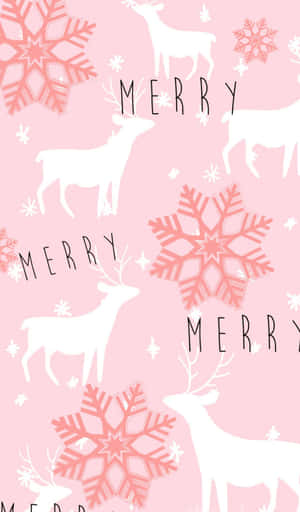 粉紅色背景，帶有白色鹿和珊瑚色雪花重複，並有「MERRY」文字。