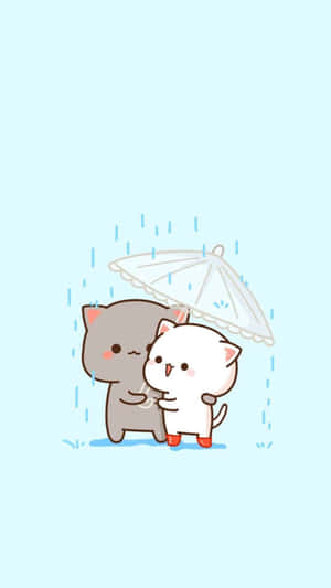 兩隻卡通貓喺雨中擠喺雨傘下。