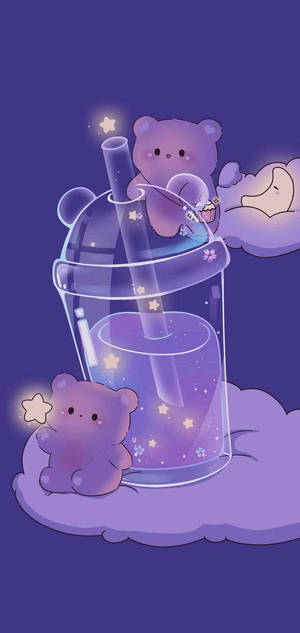 兩隻紫色小熊在雲上於發光杯子內與星星玩耍。