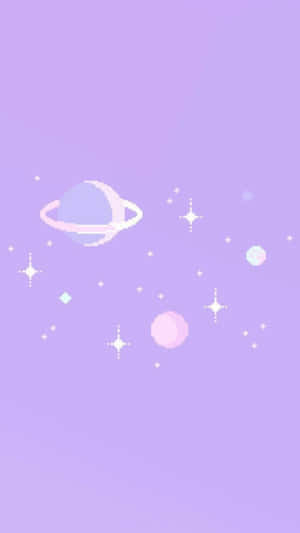 薰衣草天空中帶有光環和星星的紫色行星的像素藝術。 — 紫色美學 壁紙