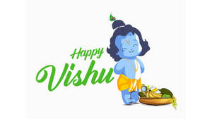 嬰兒克里希納拿著水果籃，附有「Happy Vishu」祝福。