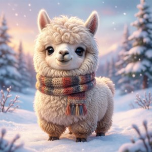 夕陽下雪地森林中，一隻毛茸茸的羊駝戴著編織圍巾。 — 萌 壁紙
