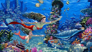 兩條美人魚與海豚一起在色彩繽紛的珊瑚和水下古老廢墟之間游泳。