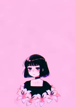 黑色波波頭的動漫女孩在粉紅色背景上拿著粉紅色的百合花。 — 粉紅動漫美學 壁紙