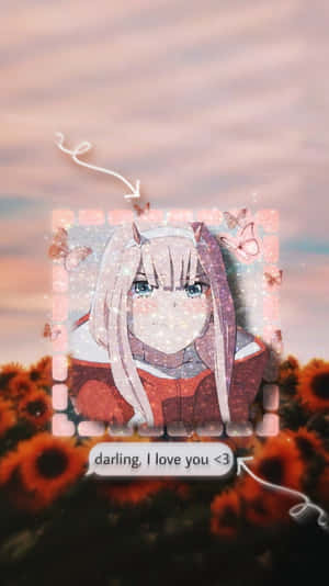 有角和粉紅頭髮的動漫女孩，被蝴蝶環繞，帶有文字 darling I love you