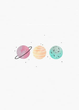 三顆色彩繽紛的水彩行星在紋理白色背景上漂浮於太空中