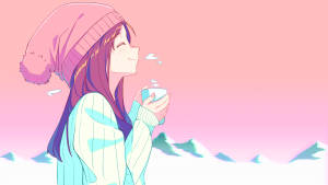 戴著冬帽的動漫女孩，在粉紅色日落時分，對著雪山啜飲熱飲。 — 可愛動漫女仔 壁紙
