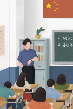 課室內有學生和牆上中國國旗的老師。