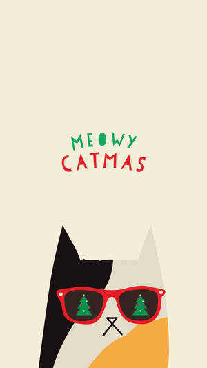 貓戴着紅色太陽眼鏡，鏡片中有聖誕樹，用於Meowy Catmas。
