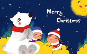 孩子和北極熊在微笑的月亮和雪花下慶祝聖誕節。