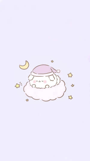 一隻戴睡帽的睏羊在雲朵上漂浮，周圍有星星和月亮。 — 萌 壁紙