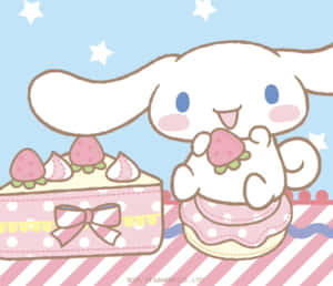 Cinnamoroll 喺星空下攞住一個士多啤梨紙杯蛋糕，旁邊有個裝飾咗嘅蛋糕。
