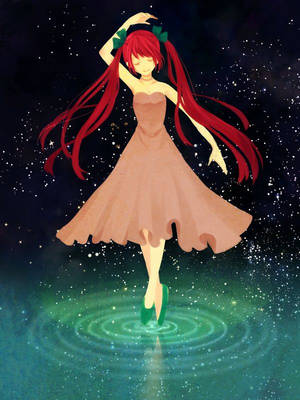 紅髮動漫女孩在星空下閃爍的水波上跳舞。