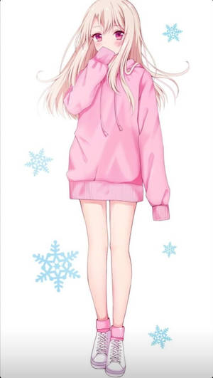 動漫女孩穿著粉紅色連帽衫，被雪花包圍。