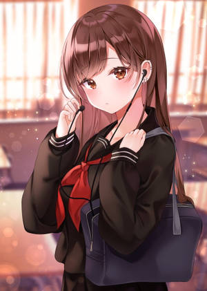 動漫女孩穿著校服，戴著紅色蝴蝶結和耳機，在室內拿著書包。