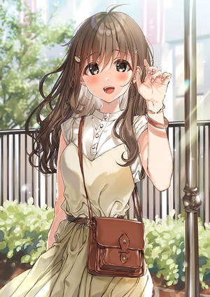 動漫女孩喺陽光陽台上同綠色灌木一齊開心揮手。