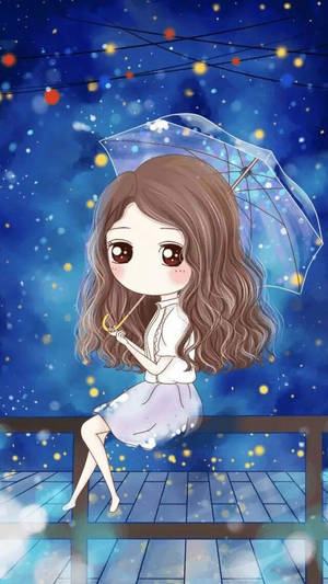 動漫女孩拿著雨傘坐在星空下、帶有發光燈光的甲板上。 — 可愛少女風gif 壁紙