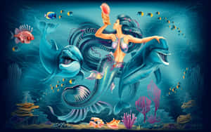 美人魚騎著海豚在珊瑚和熱帶魚之間，在發光的海洋場景中。