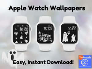 三隻Apple Watch展示帶有鬼魂和文字的萬聖節壁紙。