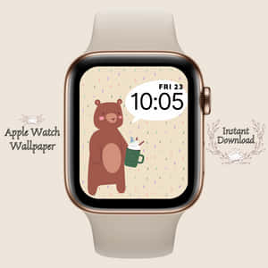 一隻卡通熊在Apple Watch屏幕上拿著杯子，顯示時間和日期。
