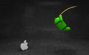 綠色Android機械人跳向深色混凝土上的銀色Apple標誌。