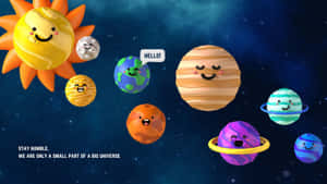 可愛的卡通行星和太陽帶著笑臉在星空場景中。