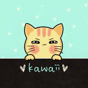 一隻卡通貓咪，臉頰紅潤，從帶有 'kawaii' 文字的表面上探出頭來。