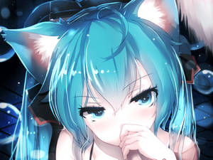 藍髮狐耳動漫女孩在星空中夢幻地看著觀眾。 — 初音未來 壁紙