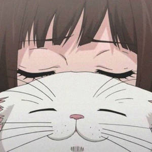 動漫女孩擁抱一隻閉著眼睛的白貓。