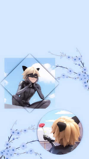 動畫角色 Cat Noir 身穿黑色西裝，在藍天下與櫻花枝條一起。