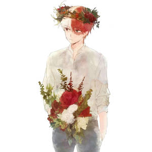 紅髮動漫男孩戴著花冠，拿著一束紅白玫瑰。