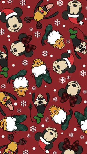 迪士尼角色穿著聖誕服裝，在紅色背景上配以雪花。 — 聖誕節 壁紙