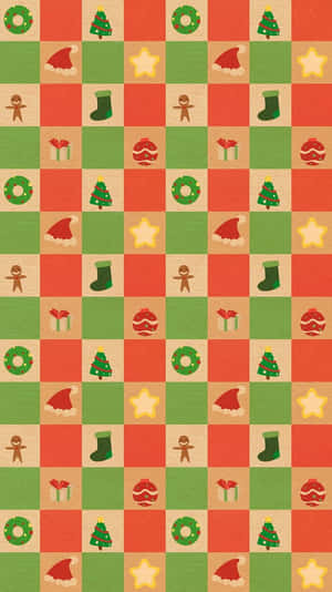 聖誕主題棋盤圖案，在紅、綠、米色方塊上帶有節日圖標。