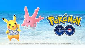 比卡超和謝利娜穿著沙灘裝，在海洋水中漂浮，帶有 Pokémon GO 標誌。