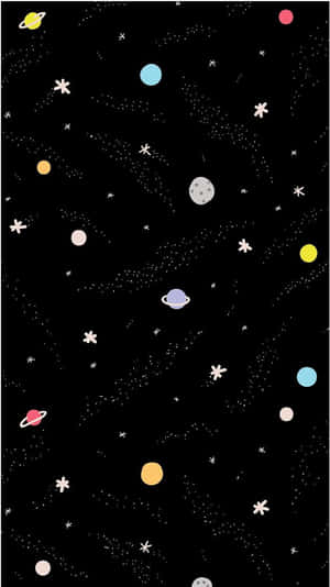 色彩繽紛的卡通行星和星星漂浮在黑色太空背景上。