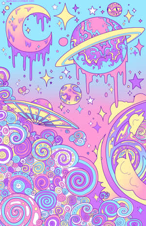 超現實的宇宙插圖，帶有融化的行星、星星和漩渦狀圖案，採用柔和色調。 — 可愛糖果色調 壁紙