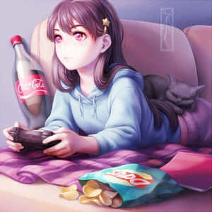 動漫女孩在沙發上與貓和零食玩遊戲
