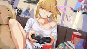動漫女孩在沙發上玩電子遊戲，旁邊有一隻泰迪熊。