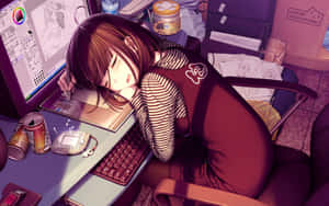 動漫女孩在她的美術桌上睡著了，旁邊有電腦和散落的用品。 — 萌 壁紙