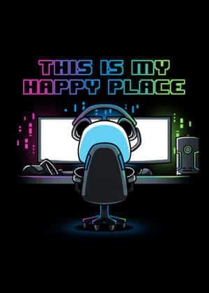 卡通玩家坐在椅子上，桌上顯示器有霓虹燈文字 'this is my happy place' — 遊戲 壁紙