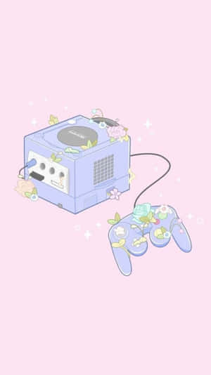 粉紅色背景上裝飾有花朵和閃光的GameCube主機和控制器。