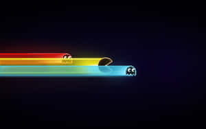 復古街機遊戲角色 Pacman 和鬼魂沿著彩虹軌跡移動。