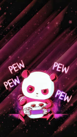 憤怒的卡通熊貓在宇宙紫色背景中玩遊戲，帶有 'PEW PEW' 文字