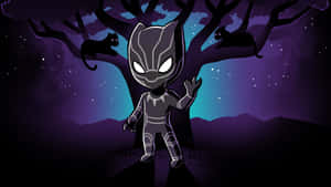 Chibi Black Panther 在繁星點點的夜空下，貓咪在樹枝上。